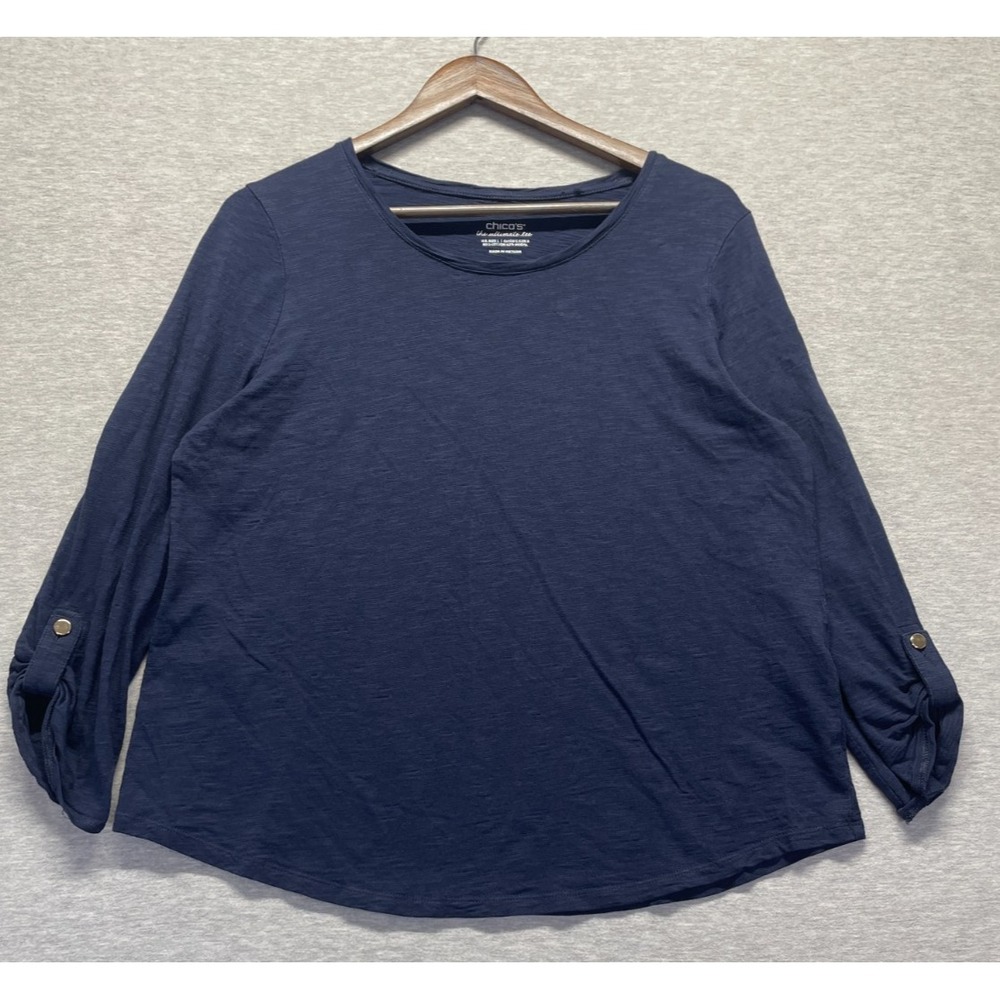 Chico's Ultimate Blouse Top Womens Large Navy Blue Round Neck Roll Tab Sleeves